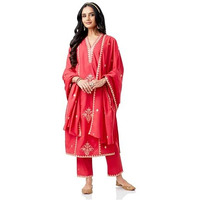Amazon Brand - Myx Women's Embroidered Cotton Kurta Pant Set With Dupatta (Ss25-Myx-Shu-Ks_01_Red_Xs)