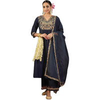 Indo Era Women's Navy Blue Viscose Embroidered A-Line Kurta & Pant With Dupatta Set (Kh1Nb9619_Small)