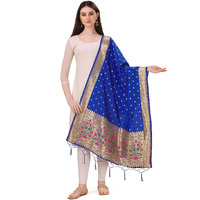 Devangi Women's Woven Paithani Banarasi Silk Dupatta/Chunni For Women, Animal Print 1 Meter Wide And 2.3 Meter Length Printed Designer Dupatta/Chunni For Girls (Royalblue)