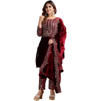 Brulry Women's Velvet Embroidered Maroon Straight Kurta Suit Set With Pant And Dupatta||Velvet Suit For Women||Velvet Kurta Set Women||Kurta Set For Women Winter