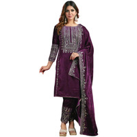 Brulry Women's Velvet Embroidered Purple Straight Kurta Suit Set With Pant And Dupatta||Velvet Suit For Women||Velvet Kurta Set Women||Kurta Set For Women Winter