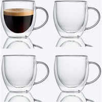 Zroy Enterprise Double Wall Glass 250Ml Set Of 4 Coffee Cups - Double Walled Glass Mugs For Hot & Cold Drinks Coffee Tea Milk Cappuchino Juice (4, 250Ml Cup)