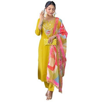 Naixa Women's Yellow Viscose Embroidered Flared Kurta With Viscose Pant And Silk Blend Printed Dupatta Sets (Nx-474-Yellow-Xs)