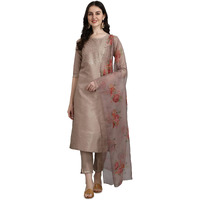 Vredevogel Women's Silk Blend Embroidered Straight Kurta Pant Set With Organza Dupatta (Beige_Xxx-Large)