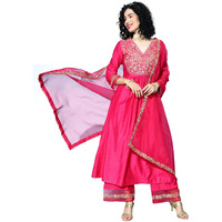 Indo Era Women's Silk Blend Floral Embroidered A-Line Kurta Palazzo With Dupatta Set (21Eee4659M_Pink_M-Size)