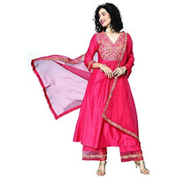 Indo Era Women's Silk Blend Floral Embroidered A-Line Kurta & Palazzo With Dupatta Set (21Eee4659L_Pink_L-Size)