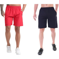 Blue Star Shark Athletic Sports Shorts For Men With Zip Pockets And Elastic Waistband Quick Dry Lightweight Activewear Combo - Pack Of 2 (Color: Red And Blue, Size:Xl)