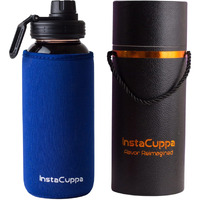 Instacuppa Borosilicate Glass Water Bottle 650 Ml With Innovative Time Markings, Bpa-Free, Wide Mouth Sports Sipper Lid With Carrying Loop, Removable Neoprene Silicone Sleeve, Blue