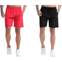 Blue Star Shark Athletic Sports Shorts For Men With Zip Pockets And Elastic Waistband Quick Dry Lightweight Activewear Combo - Pack Of 2 (Color: Red And Black, Size:M)