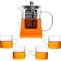 Ankul Borosilicate Square Glass Tea Pot With Heat Resistant Stainless Steel Infuser Perfect For Tea And Coffee Maker, Clear Glass Kettle With 4 Cups(550 Ml, Square With Cup)