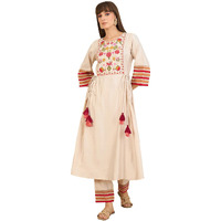 Indo Era Women's Off White Embroidered Viscose A-Line Kurta & Pant Set (Iestr9519_X-Small)