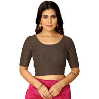Amazon Brand - Anarva Round Neck Dobby Cotton Lycra Stretchable Elbow Sleeve Readymade Saree Blouse For Women Stylish (Cotton-Dobbi-Coffee-Xl)