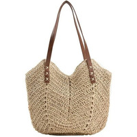 Mairo Lifestyle Womens Straw Wicker Handmade Boho Summer Beach Braided Shoulder Bag (Beige)