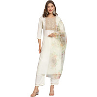 Vredevogel Women's Cotton Blend Embroidered Kurta With Pant & Organza Dupatta Set (White_Xx-Large)