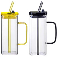 Kikiluxxa Random Clour Glass Fruit Juice Soda Milk Sipper Tumbler Mug With Acrylic/Wooden Lid And Glass Straw - 400Ml - Pack Of 2 - Tea And Coffee Cup Can Set (Toronto Lid Tumbler 2)