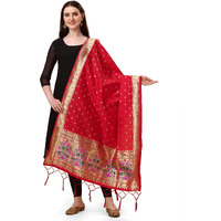 Devangi Women's Woven Paithani Banarasi Silk Dupatta/Chunni For Women, Animal Print 1 Meter Wide And 2.3 Meter Length Printed Designer Dupatta/Chunni For Girls (Red)