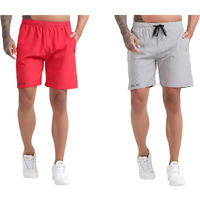 Blue Star Shark Athletic Sports Shorts For Men With Zip Pockets And Elastic Waistband Quick Dry Lightweight Activewear Combo - Pack Of 2 (Color: Red And Grey, Size:Xl)