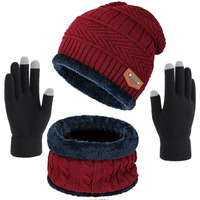 Wearslim Wool Winter Casual Style Beanie Hats Scarf Gloves Set, Winter Warm Knit Skull Cap With Gloves, Neck Warmer For Men Women-Red, Free Size