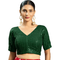 Pujia Mills Women's Indian Ethnic Wear Designer Silver Sequence With Matching Embroidered Work V Neck Half Sleeve Readymade Padded Saree Blouse Readymade Unique Green Color Saree Blouse