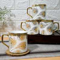 Femora Premium Golden Peacock Feather Pattern Design Ceramic Coffee & Tea Cup Set Of 4, 180 Ml