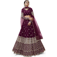 Zeel Clothing Women's Sequins Zari Embroidered Georgette Semi-Stitched Lehenga Set For Women (304-Wine-Wedding-Bridal-Latest-New; Free Size) (Wine)