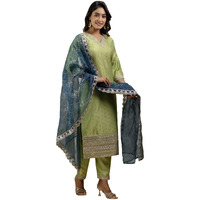 Vredevogel Women's Chanderi Silk Embroidered Kurta With Pant & Organza Dupatta Set (Mehndi_Small)