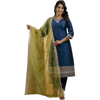 Vredevogel Women's Chanderi Silk Embroidered Kurta With Pant & Organza Dupatta Set (Teal_Large)