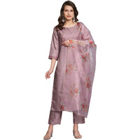 Vredevogel Women's Silk Blend Embroidered Straight Kurta Pant Set With Organza Dupatta (Lavendar_Small)