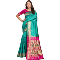 C J Enterprise Women's Banarasi Saree Pure Kanjivaram Silk Saree Soft Design Wear Pattu Sarees Latest Cotton With Blouse Piece For Wedding Sadi New Ladies 2025 (Chand Paithani) (Rama-Pink)