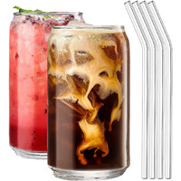 Kikiluxxa Glass Mug Set With Straw- Green Tea Coffee Beer Can And Soda Drinking Glass Mug Set Of 2 - Can Shaped Milk Juice Glass Tumbler Cups With Clear Straw - 510Ml