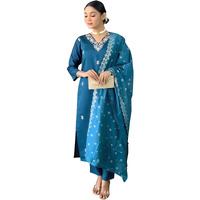 Naixa Women's Petrol Viscose Chanderi Embroidered Straight Kurta With Viscose Chanderi Pant And Chanderi Embroidered Dupatta Sets (S-Zarna-Petrol-M)