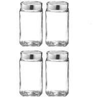 Piramal Glass Square Clear Jars & Containers For Kitchen Pantry, Snacks, Masala, Honey, Pickles, Cookies, Dry Fruits, And Coffee Beans Storage With Stainless Steel Lid (Cube Jar) (300Ml, Set Of 4)