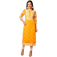 Anni Designer Women's Cotton Blend Straight Chikankari Embroidered Kurta (Stho-Mustard_S_Mustard_Small)