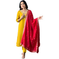 Naixa Women's Mustard Chanderi With Full Cotton Lining Embroidered Straight Kurta With Chanderi Pant And Viscose Jacquard Dupatta Sets (Nx3-561-Mustard-Xs)