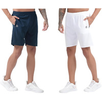 Blue Star Shark Athletic Sports Shorts For Men With Zip Pockets And Elastic Waistband Quick Dry Lightweight Activewear Combo - Pack Of 2 (Color: Airforce And White, Size:L)