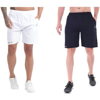 Blue Star Shark Athletic Sports Shorts For Men With Zip Pockets And Elastic Waistband Quick Dry Lightweight Activewear Combo - Pack Of 2 (Color: White And Blue, Size:M)