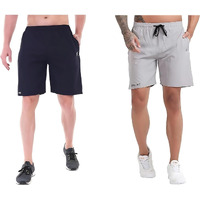 Blue Star Shark Athletic Sports Shorts For Men With Zip Pockets And Elastic Waistband Quick Dry Lightweight Activewear Combo - Pack Of 2 (Color: Blue And Grey, Size:M)