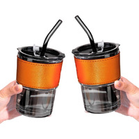 Kikiluxxa Black Glass Kids Fruit Juice Milk Sipper Tumbler Mug With Straw And Lid - 435Ml - Pacl Of 2 - Green Tea Coffee Soda Can Cup With Straw (B Zondo 2)