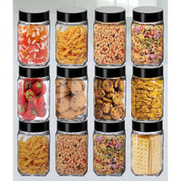 Feelopie Piramal Glass Square Clear Jars & Containers For Kitchen Pantry, Honey, Pickles, Cookies, Dry Fruits, Coffee Beans Storage With Black Color Plastic Lid (Cube Jar, 300Ml, Set Of 12)