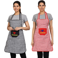 Jmi Cotton Checkered Design Waterproof Apron With Multipurpose Front Large Embroidered Pocket Pack Of 2 (Red & Black)