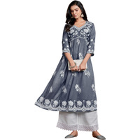 Ethnicjunction Women's Vichitra Silk Chikankari Embroidered Naira Cut Regular Fit Kurta Dark Grey