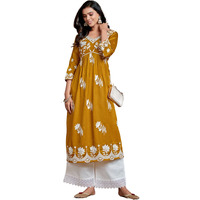 Ethnicjunction Women's Chikankari Embroidered Naira Cut Kurta Gold