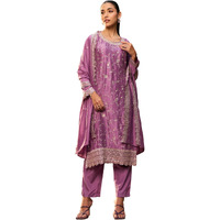 Indo Era Women's Embroidered Silk Blend Calf Length Straight Kurta And Pant With Dupatta Set (Kh9Pr6276_Medium), Purple