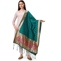 Devangi Women's Woven Paithani Banarasi Silk Dupatta/Chunni For Women, Animal Print 1 Meter Wide And 2.3 Meter Length Printed Designer Dupatta/Chunni For Girls (Rama)