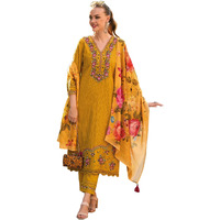 Indo Era Cotton Women's Yellow Embroidered Straight Kurta Pant With Dupatta Set (Kh0Yl6227_X-Small)