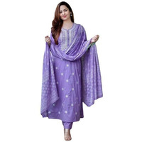 Royal Export Women's Viscose Floral Embroidered Straight Kurta Pant With Dupatta (Rx53_Lavender_S)