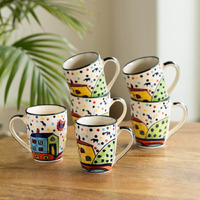 Exclusivelane Ceramic Coffee Mugs Set Of 6 | 'The Hut Jumbo Cuppas' Handpainted Mugs For Coffee Cup Tea Mug & Cup (Multicolored, 270 Ml, Microwave & Dishwasher Safe)