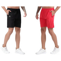 Blue Star Shark Athletic Sports Shorts For Men With Zip Pockets And Elastic Waistband Quick Dry Lightweight Activewear Combo - Pack Of 2 (Color: Black And Red, Size:L)