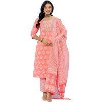 Amayra Women's Cotton Embroidered Straight Kurta With Palazzo Pant And Dupatta Set(Tck566,Peach,L)