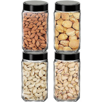 Brezzycloud Piraml Glass Cubical Square 1000Ml Transparent Glass Jars & Containers For Kitchen Pantry, Cookies, Dry Fruits, Coffee Storage Glass Jar With Black Plastic Lid (1000Ml, Set Of 4)